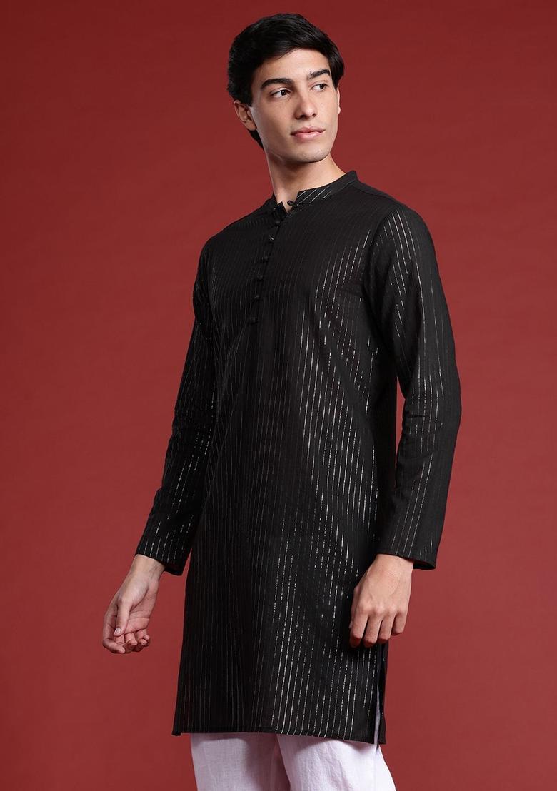 Black Striped Cotton Kurta For Men - Indya