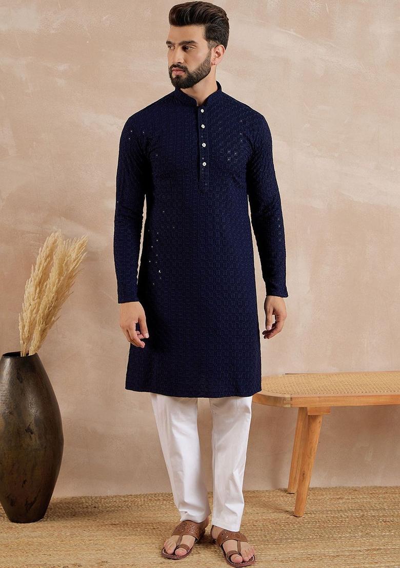 Blue Embroidered Viscose Kurta For Men - Indya