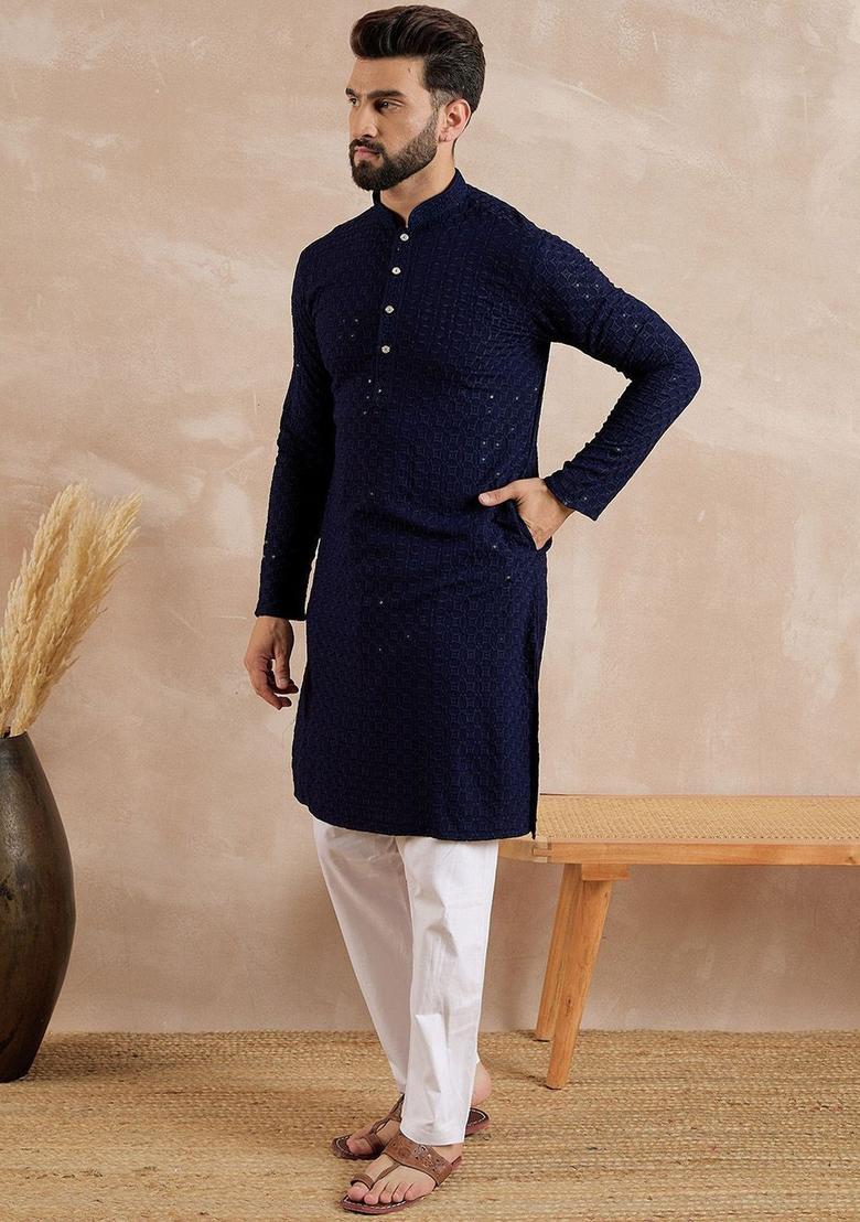 Blue Embroidered Viscose Kurta For Men - Indya