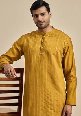 Yellow Embroidered Viscose Kurta For Men