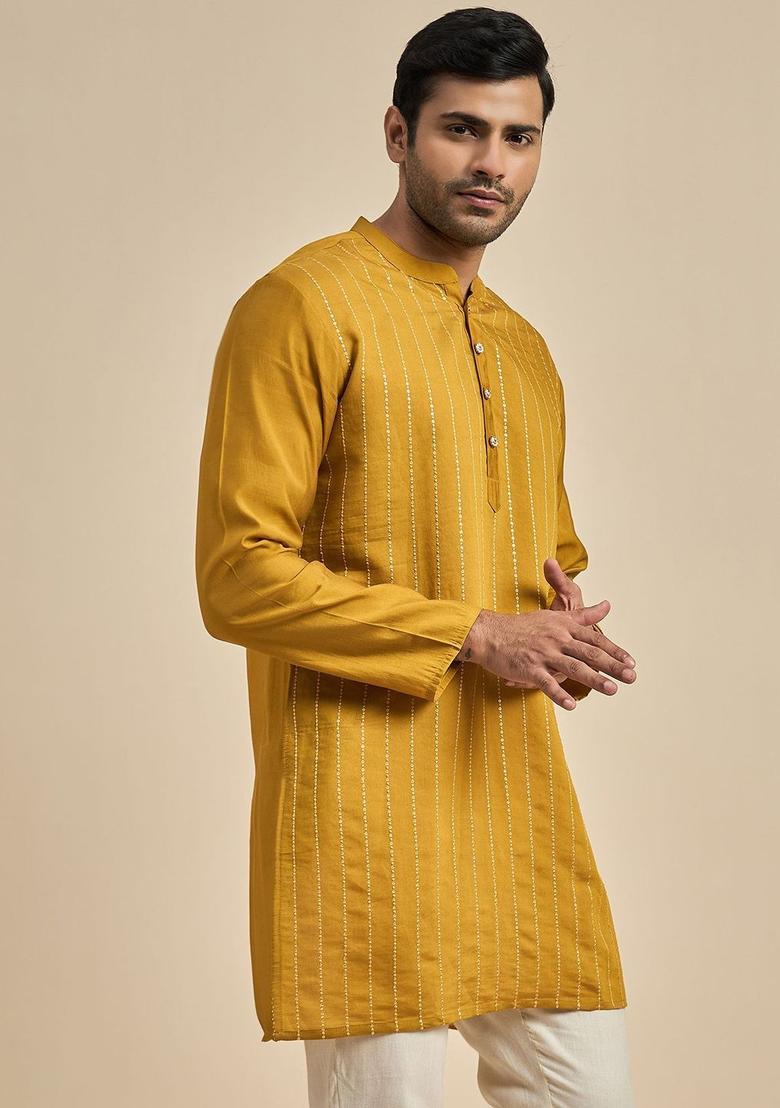 Yellow Embroidered Viscose Kurta For Men - Indya