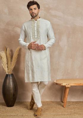 Beige Embroidered Viscose Kurta For Men