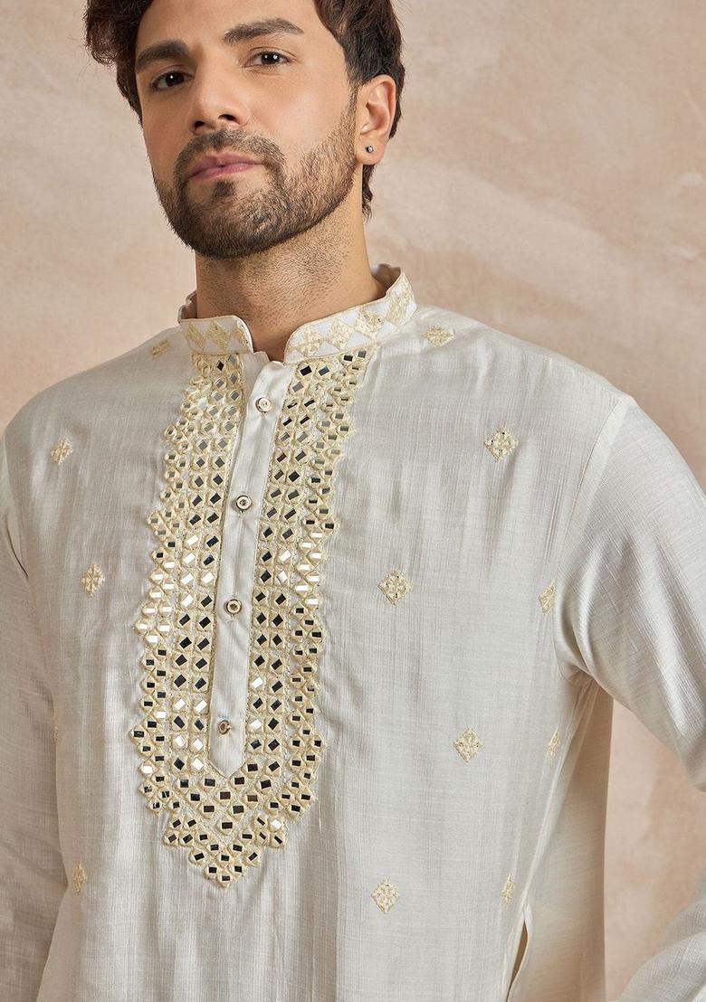 Beige Embroidered Viscose Kurta For Men - Indya