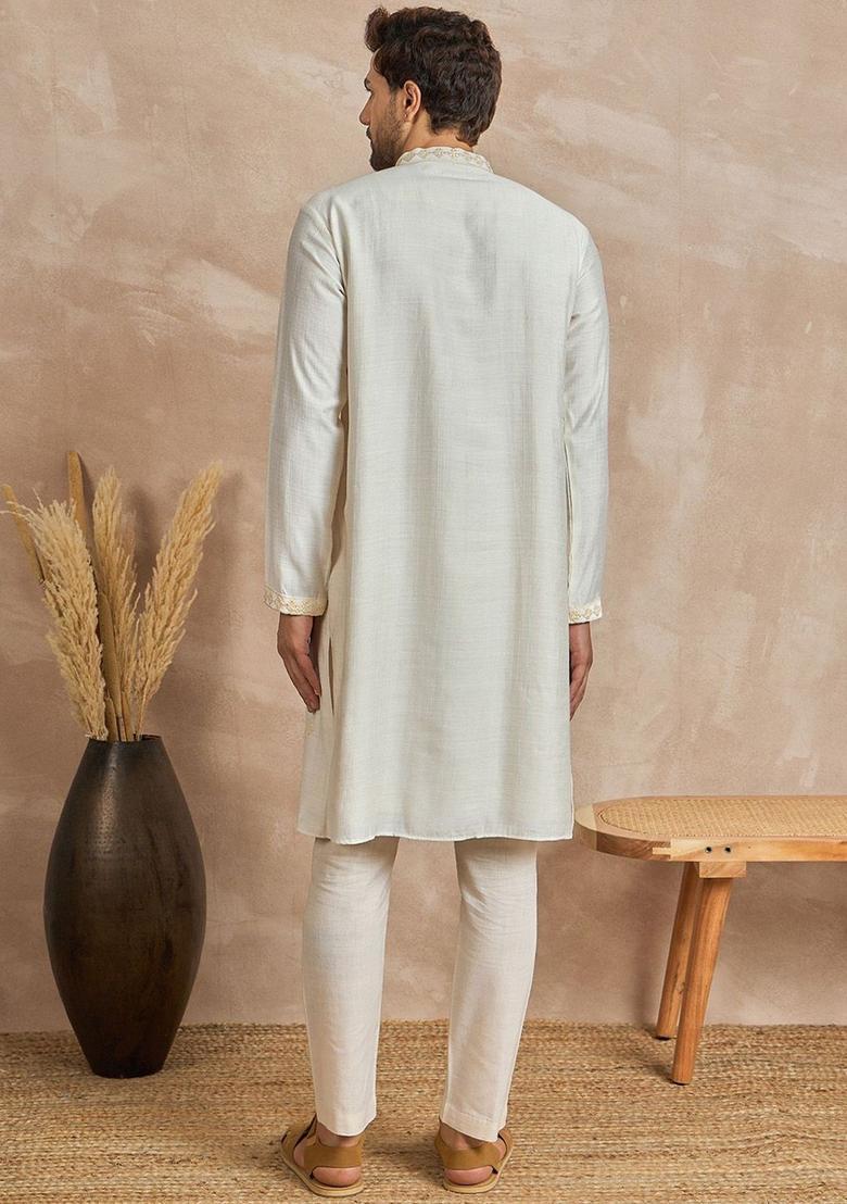 Beige Embroidered Viscose Kurta For Men - Indya