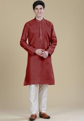Maroon Woven Design Silk Kurta For Men