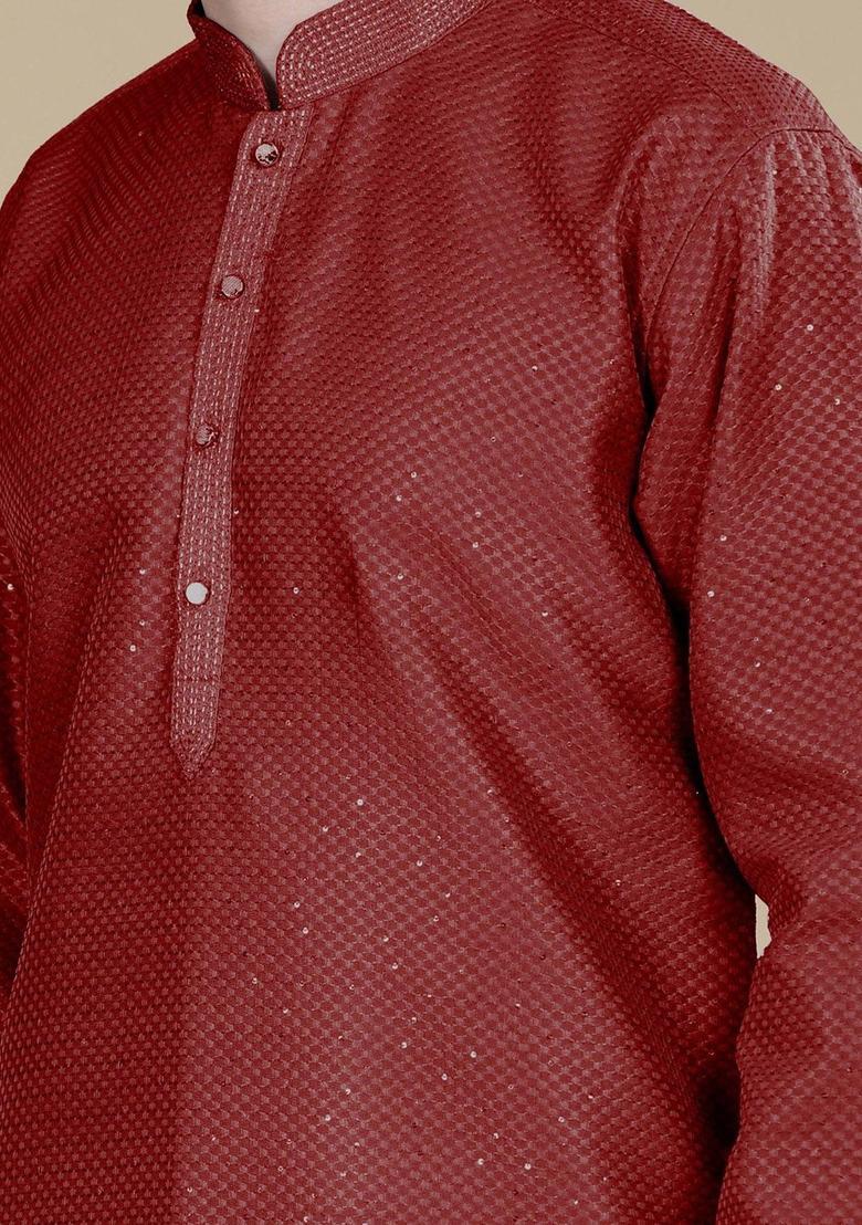 Maroon Woven Design Silk Kurta For Men - Indya