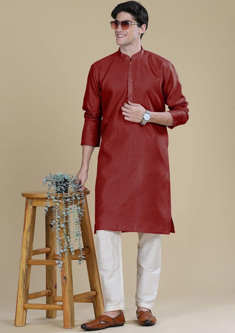Maroon Woven Design Silk Kurta For Men - Indya