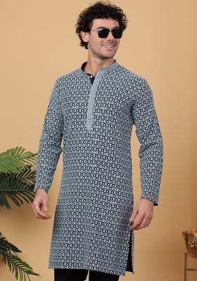 Black Printed Viscose Kurta For Men
