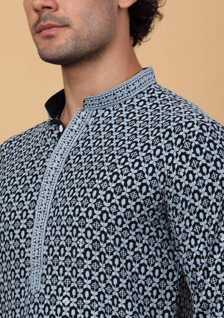Black Printed Viscose Kurta For Men - Indya