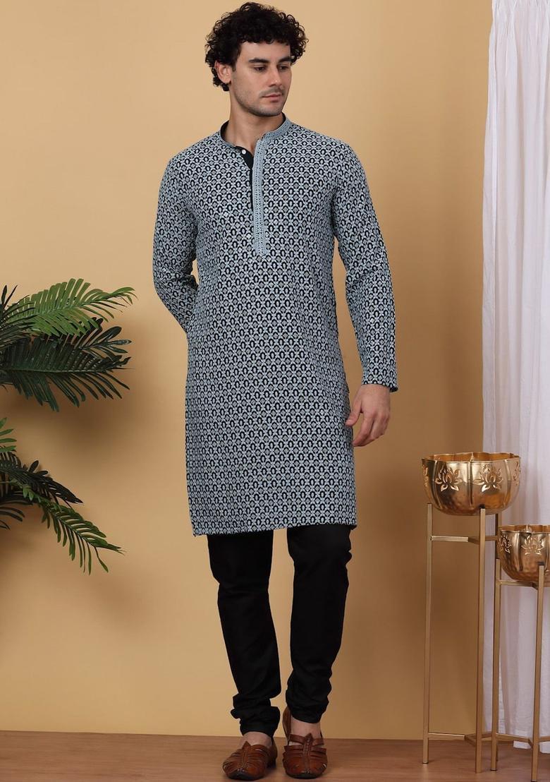 Black Printed Viscose Kurta For Men - Indya