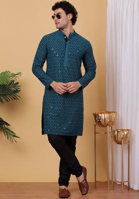 Black Woven Design Viscose Kurta For Men