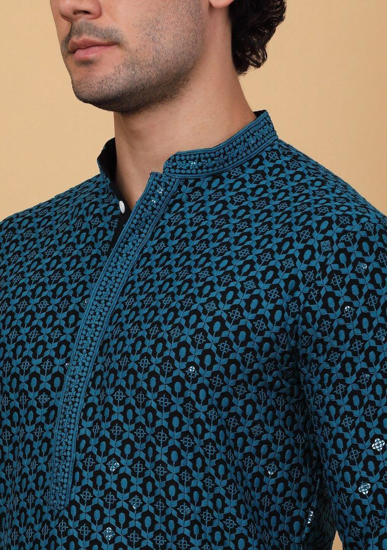 Black Woven Design Viscose Kurta For Men - Indya
