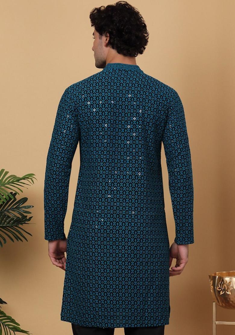 Black Woven Design Viscose Kurta For Men - Indya
