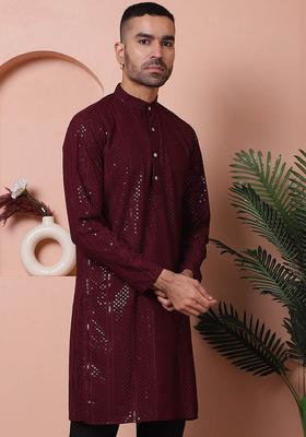 Maroon Embroidered Viscose Kurta For Men