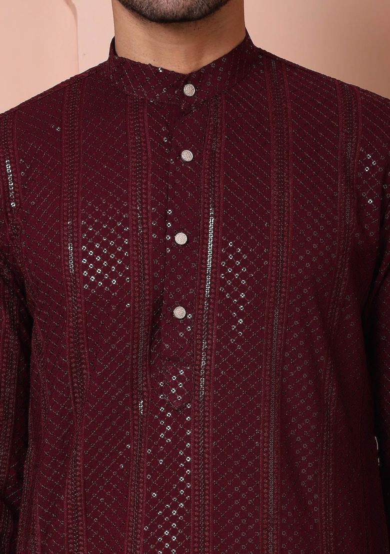 Maroon Embroidered Viscose Kurta For Men - Indya