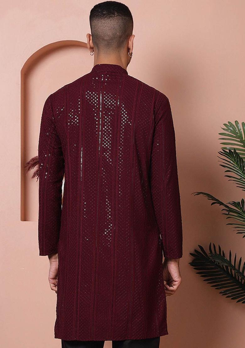 Maroon Embroidered Viscose Kurta For Men - Indya