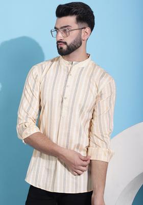 Yellow Striped Cotton Kurta For Men