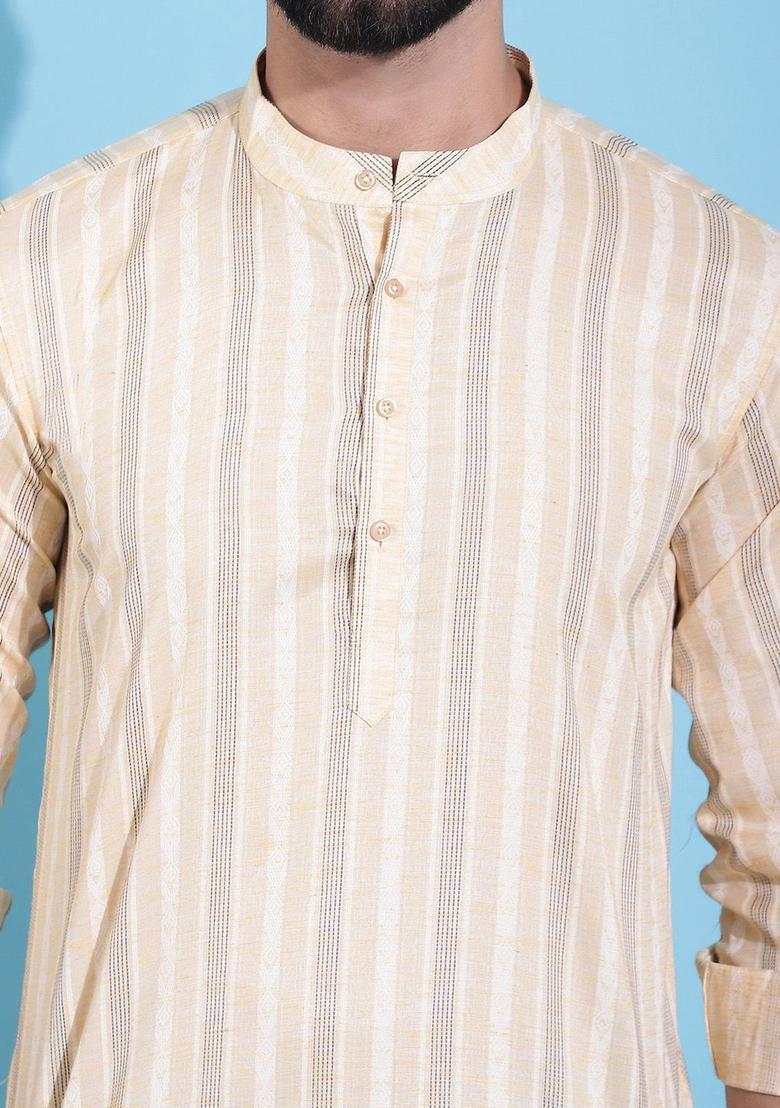Yellow Striped Cotton Kurta For Men - Indya
