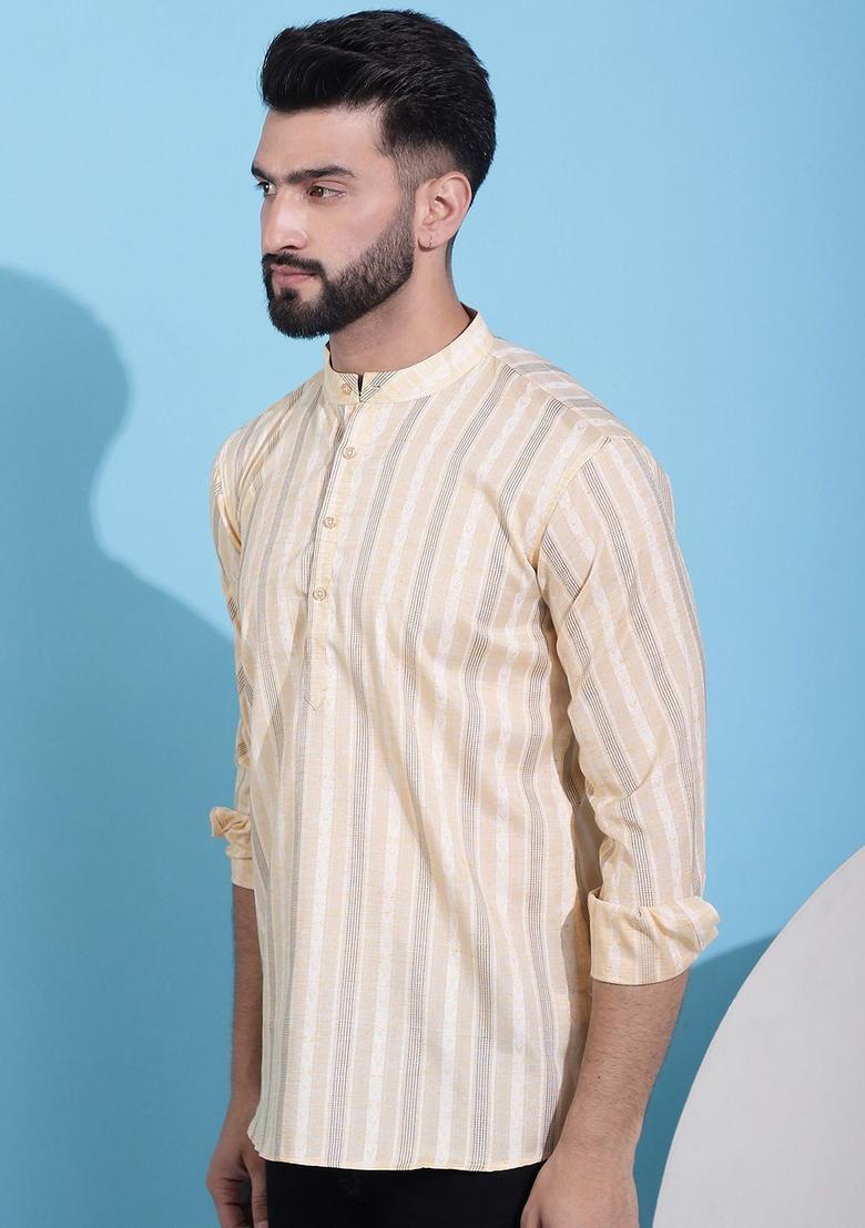 Yellow Striped Cotton Kurta For Men - Indya