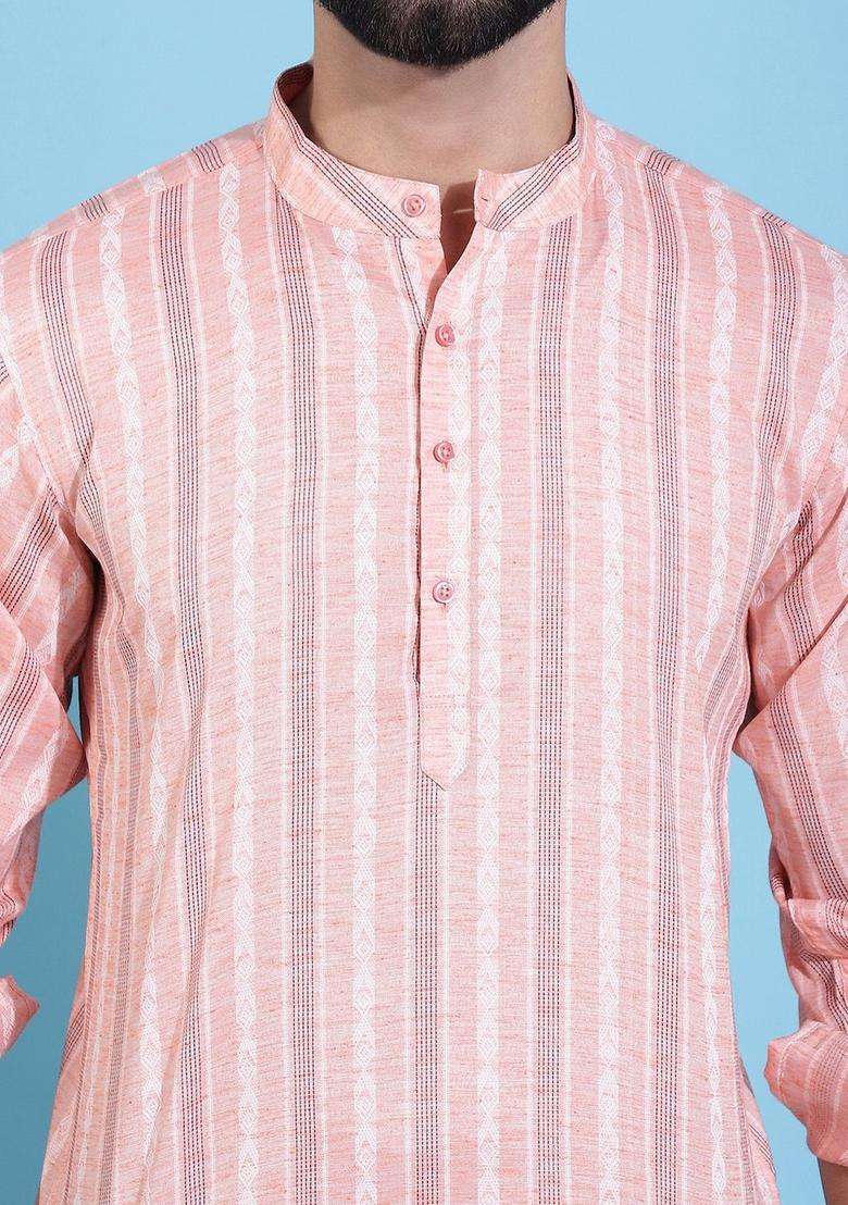 Coral Striped Cotton Kurta For Men - Indya
