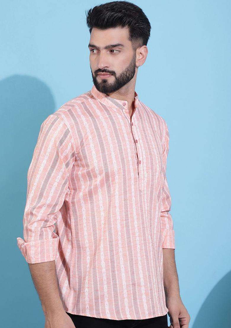Coral Striped Cotton Kurta For Men - Indya