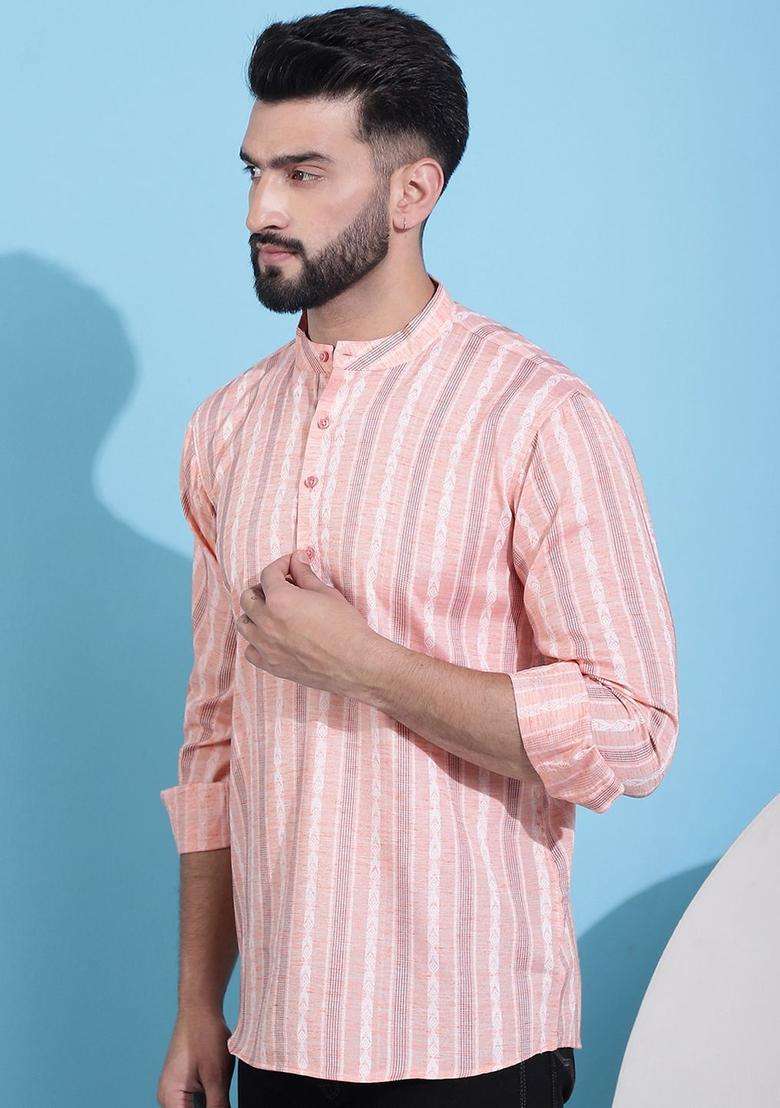 Coral Striped Cotton Kurta For Men - Indya