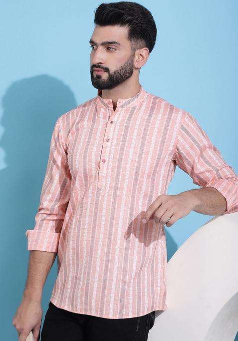 Coral Striped Cotton Kurta For Men