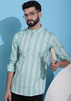 Green Striped Cotton Kurta For Men