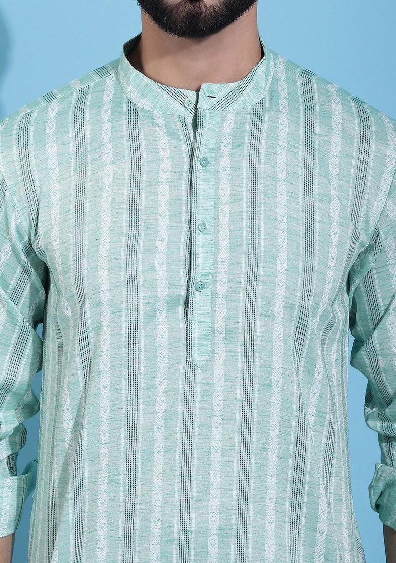 Green Striped Cotton Kurta For Men - Indya