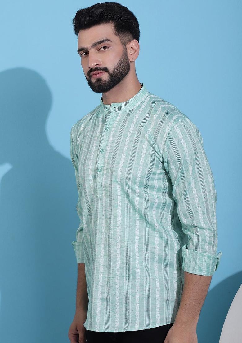 Green Striped Cotton Kurta For Men - Indya
