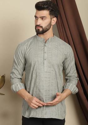Green Woven Design Cotton Kurta For Men