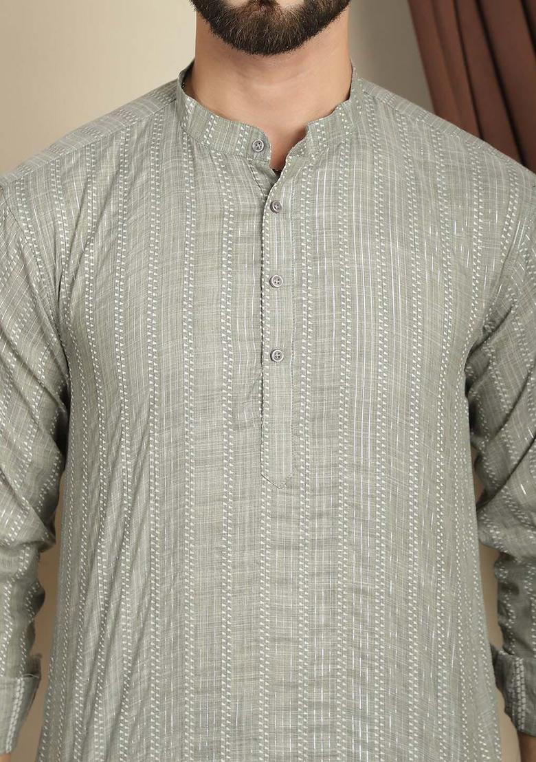 Green Woven Design Cotton Kurta For Men - Indya