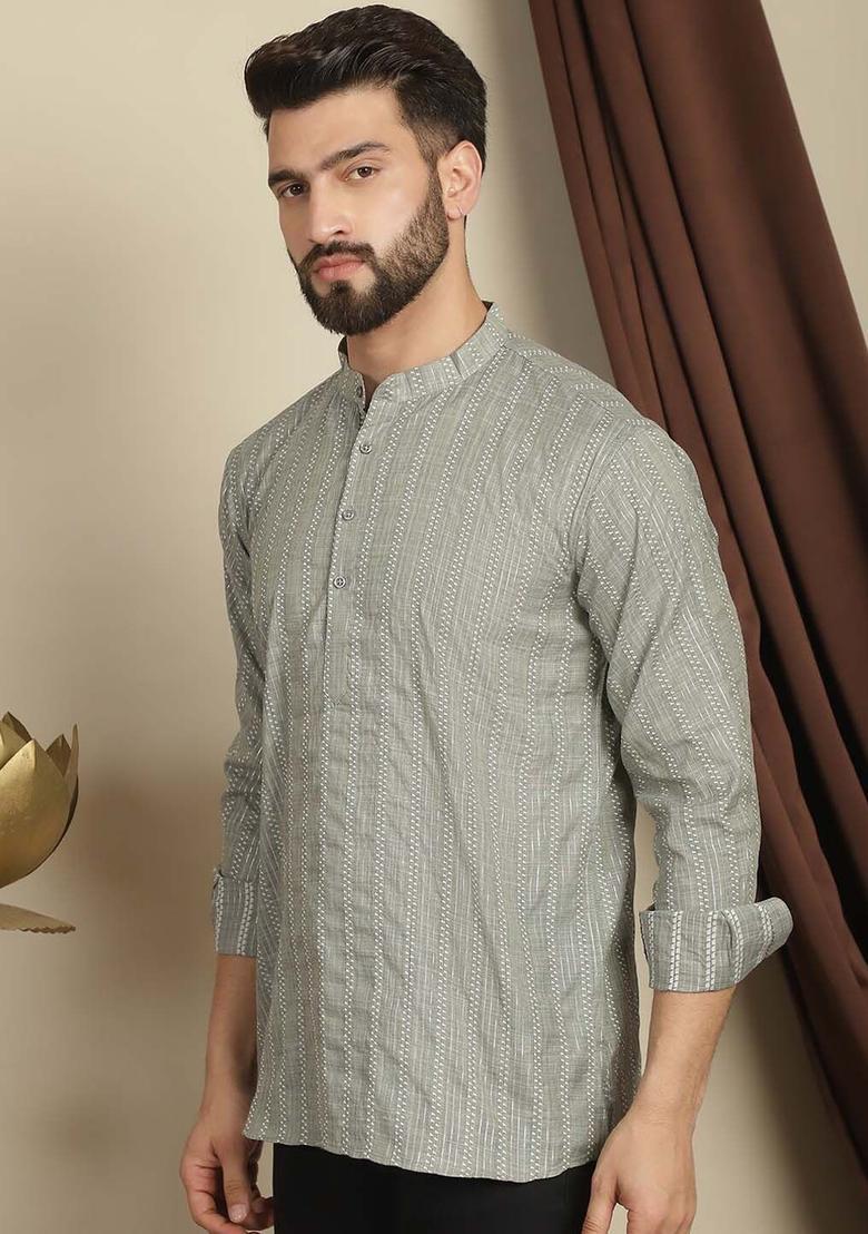 Green Woven Design Cotton Kurta For Men - Indya