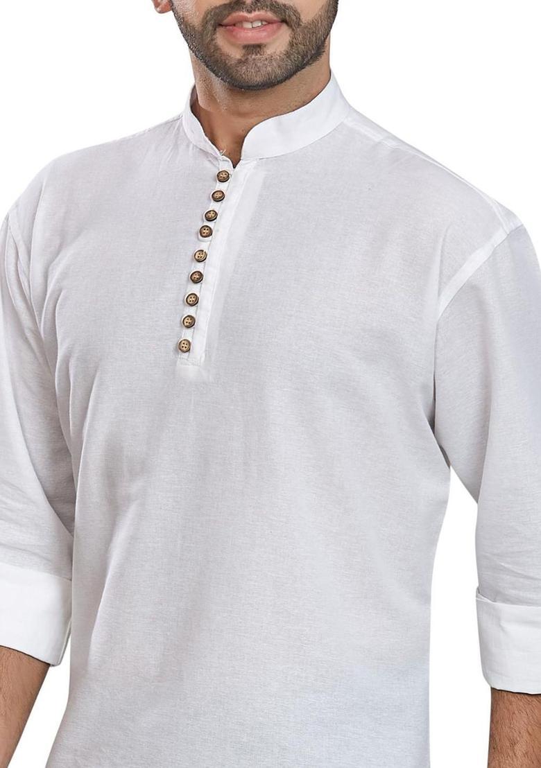 White Solid Cotton Kurta For Men - Indya