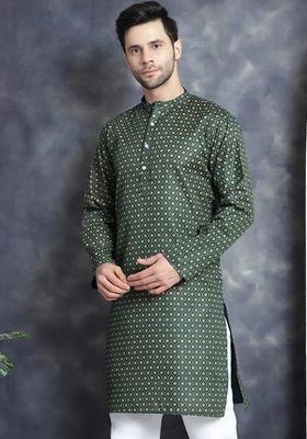 Olive Printed Cotton Kurta For Men