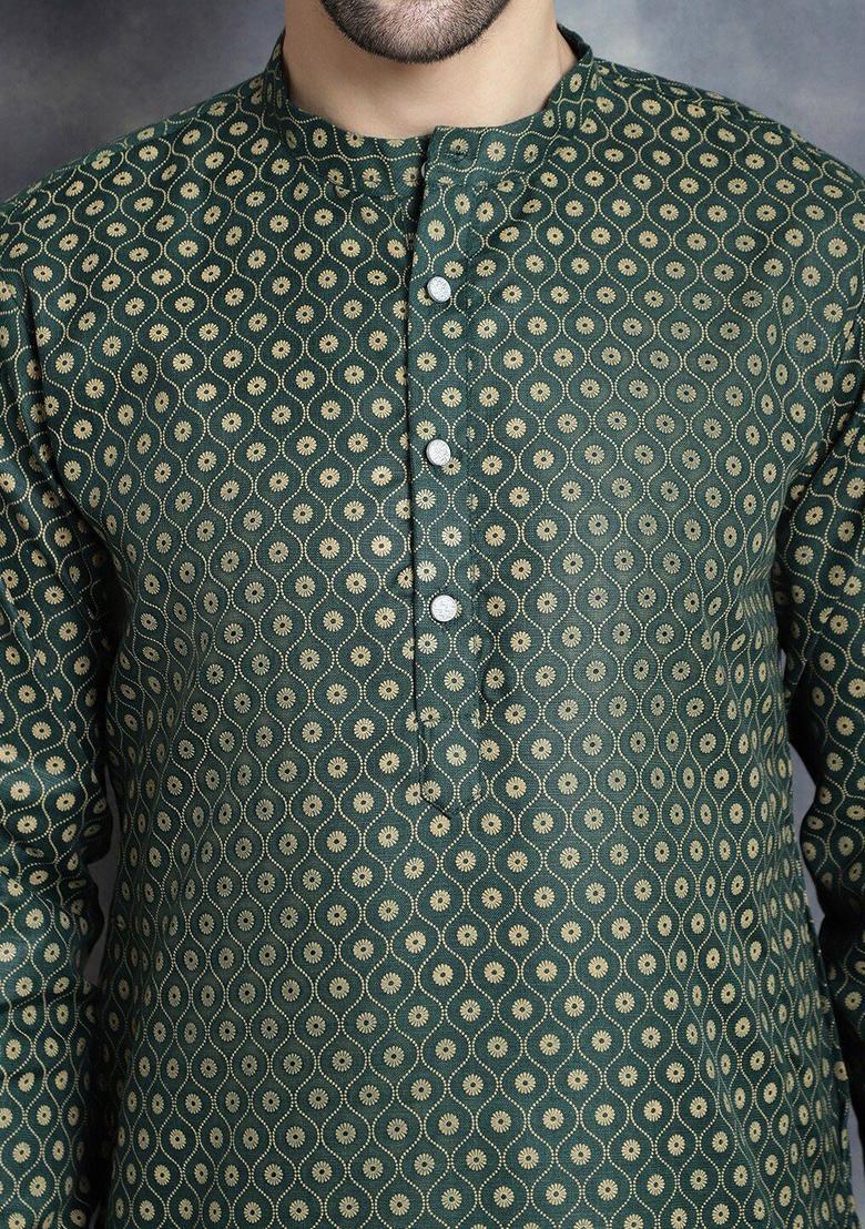 Olive Printed Cotton Kurta For Men - Indya