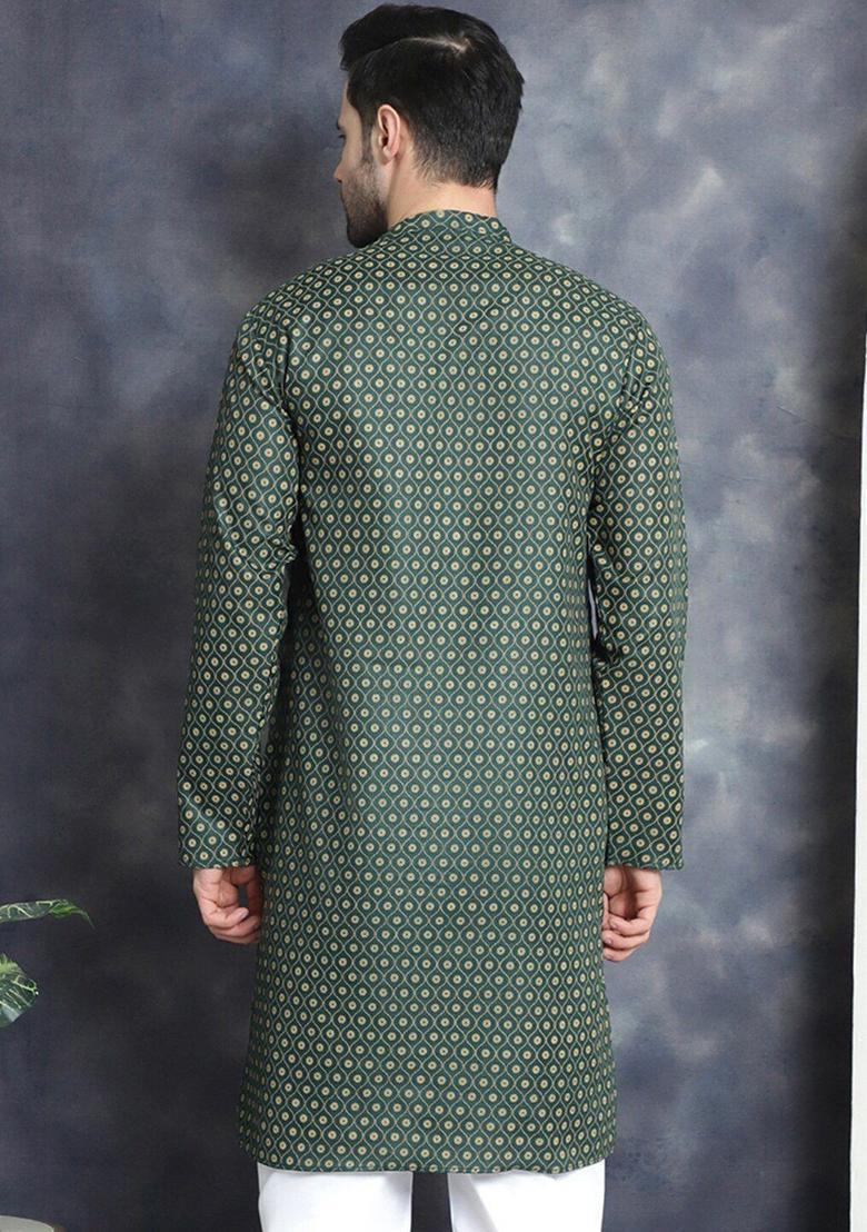 Olive Printed Cotton Kurta For Men - Indya