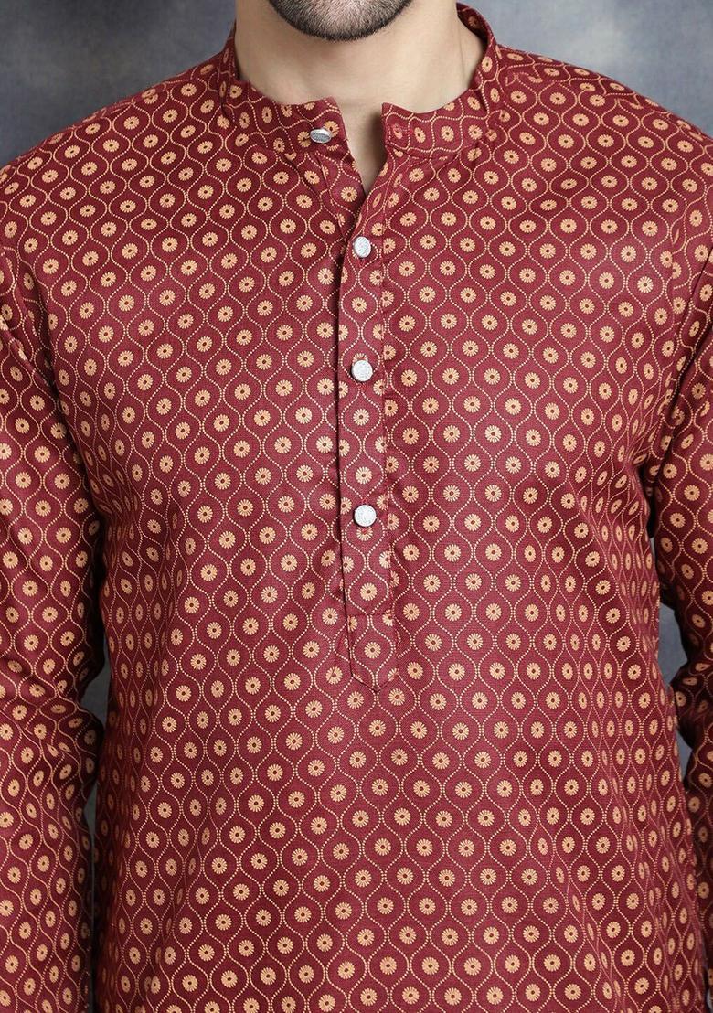 Maroon Printed Cotton Kurta For Men - Indya