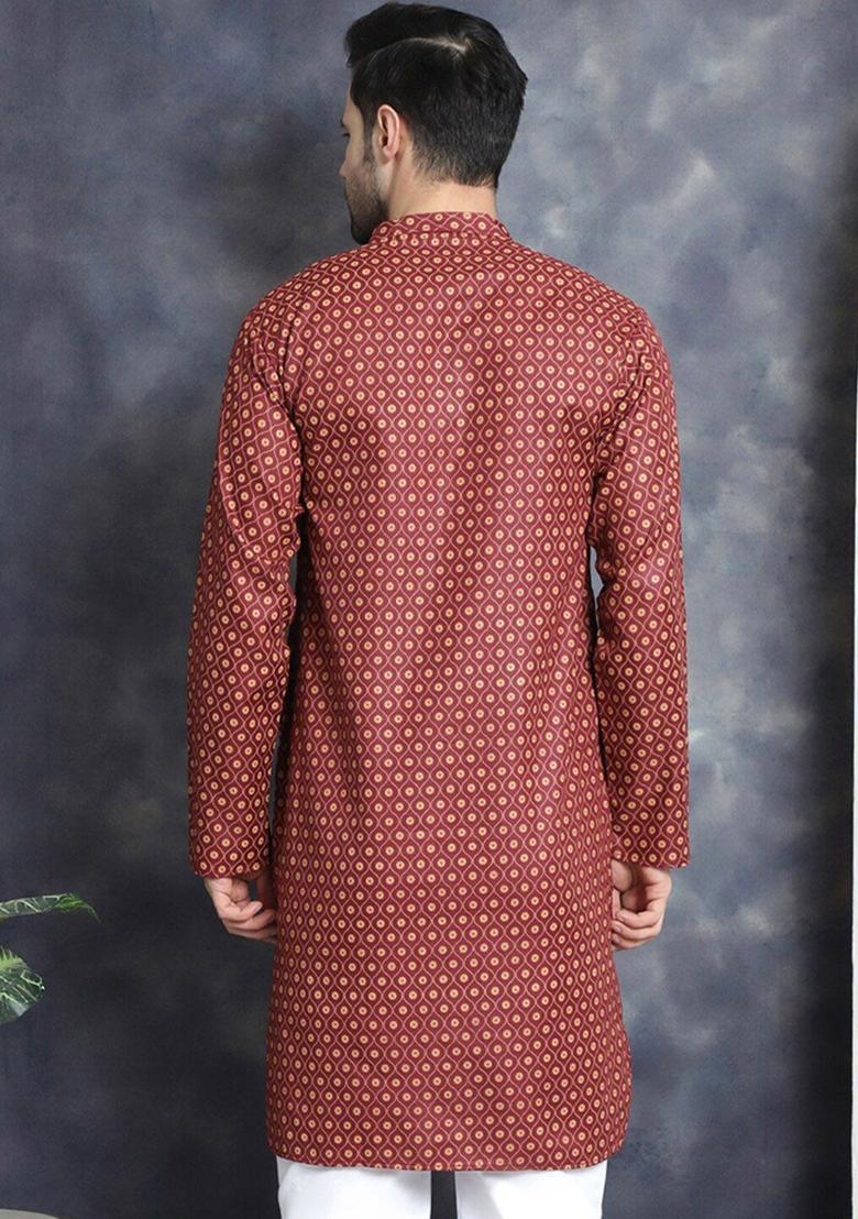 Maroon Printed Cotton Kurta For Men - Indya
