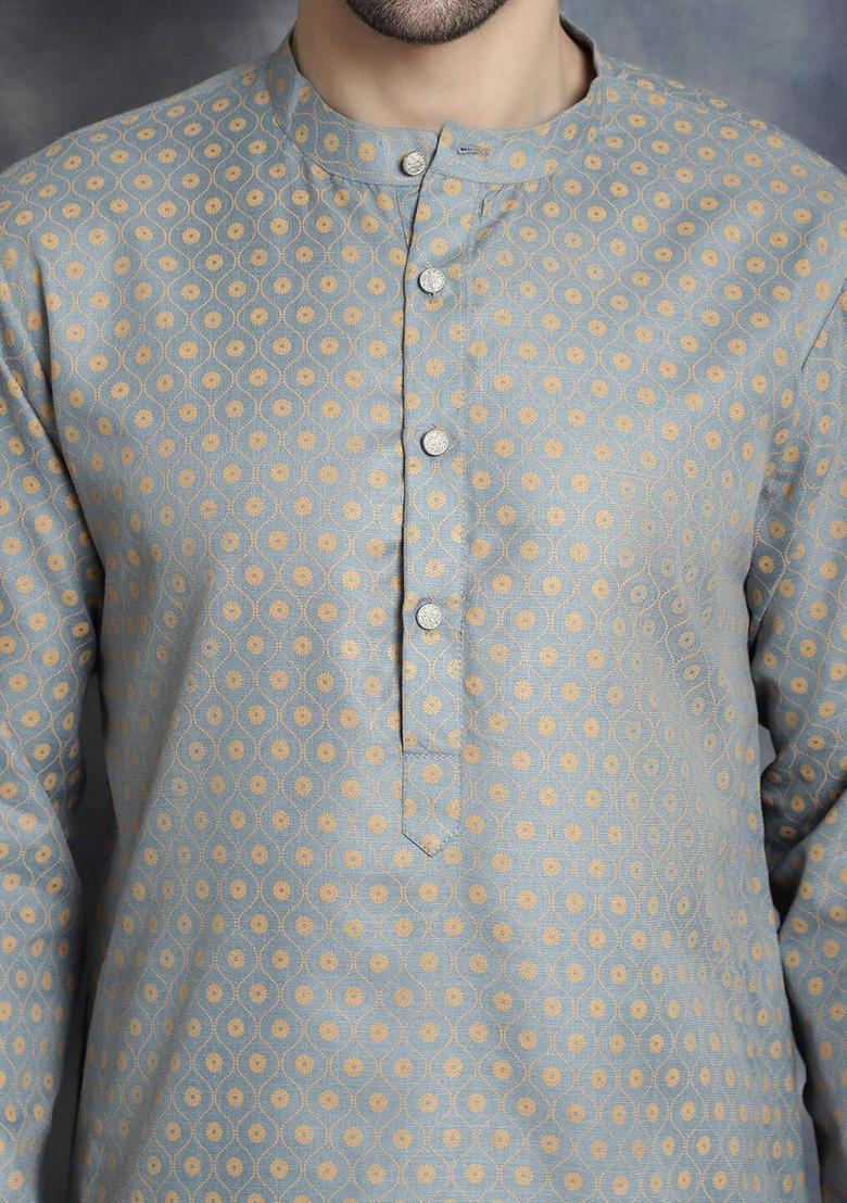 Grey Woven Design Cotton Kurta For Men - Indya