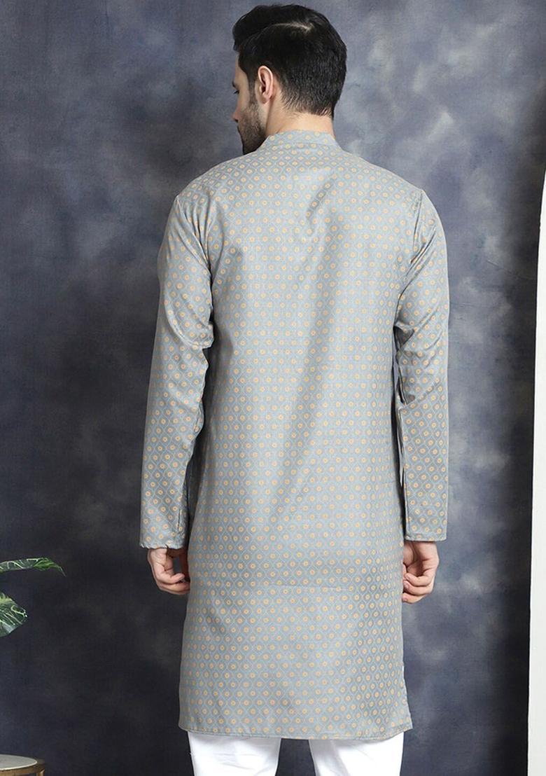 Grey Woven Design Cotton Kurta For Men - Indya
