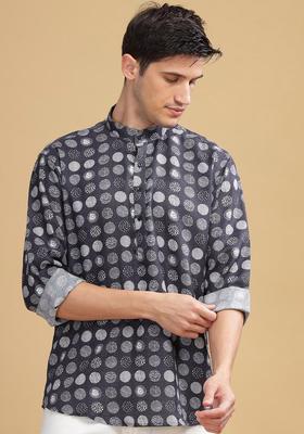 Blue Checked Cotton Kurta For Men