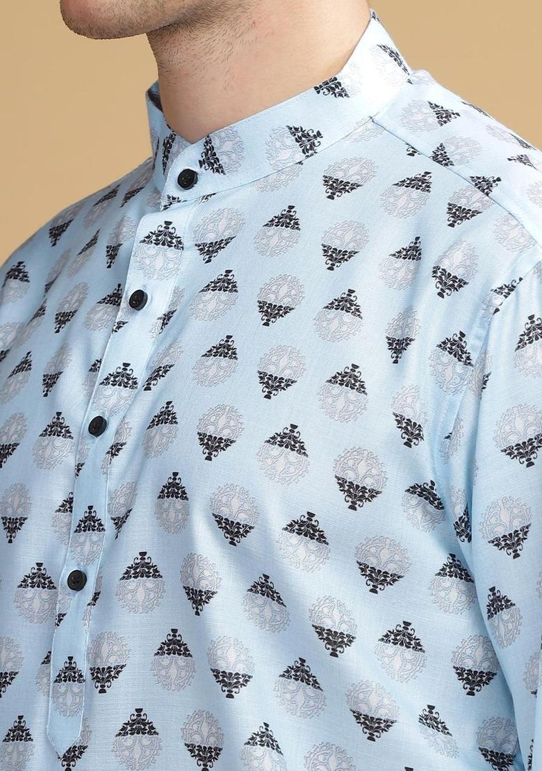 Blue Printed Cotton Kurta For Men - Indya