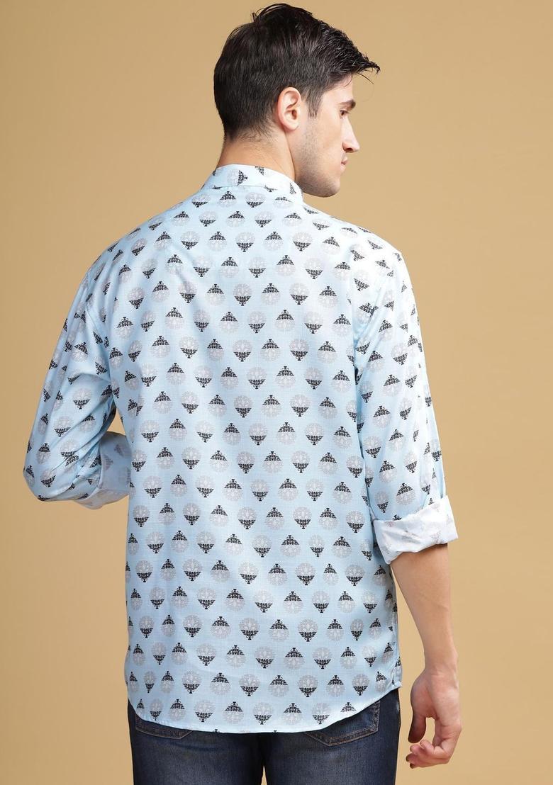 Blue Printed Cotton Kurta For Men - Indya