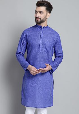 Blue Woven Design Cotton Kurta For Men