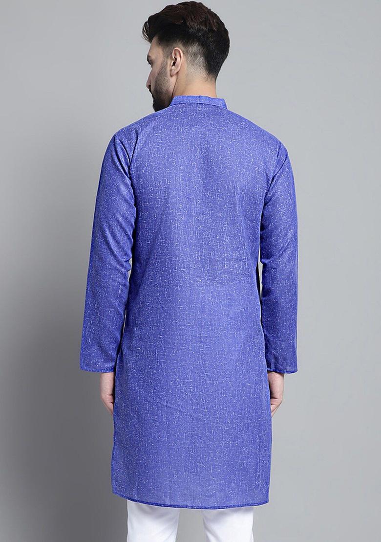 Blue Woven Design Cotton Kurta For Men - Indya