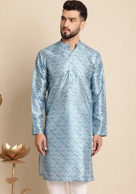 Blue Woven Design Jacquard Kurta For Men