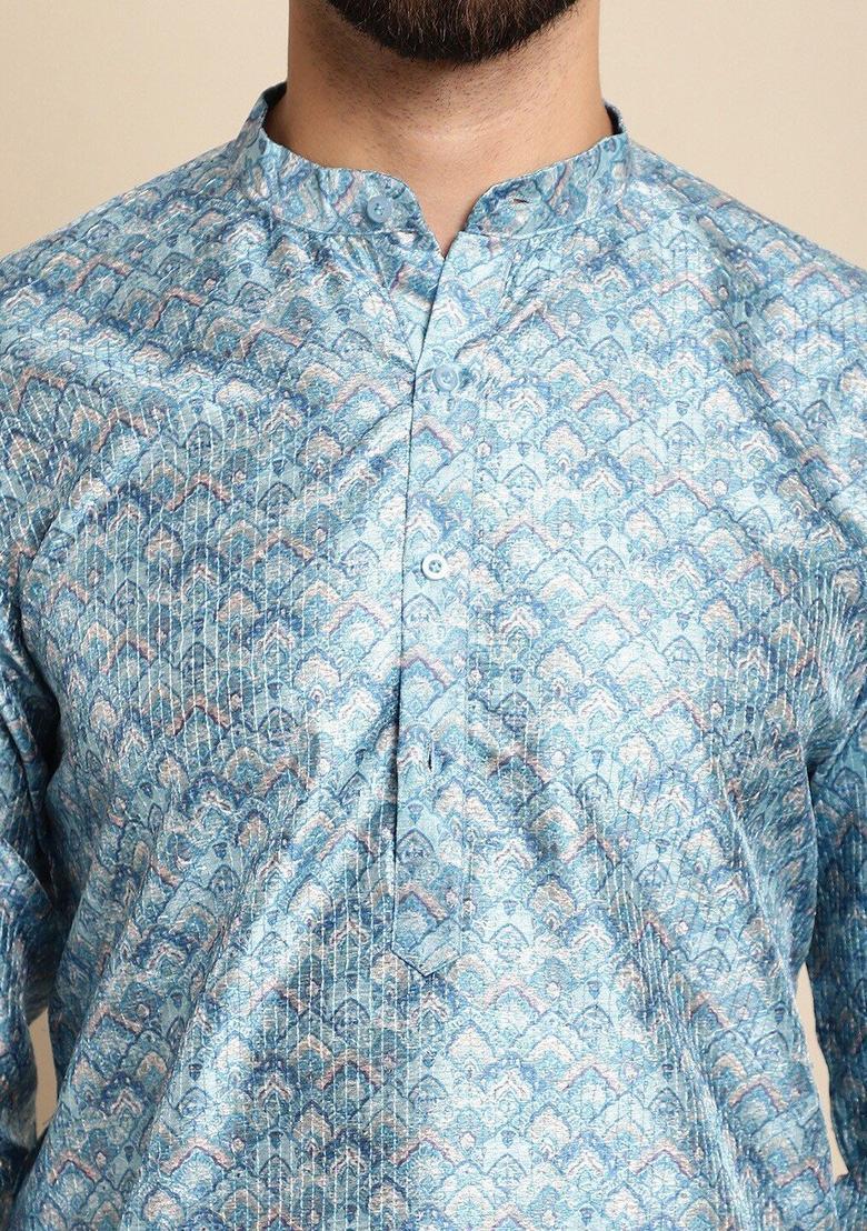 Blue Woven Design Jacquard Kurta For Men - Indya