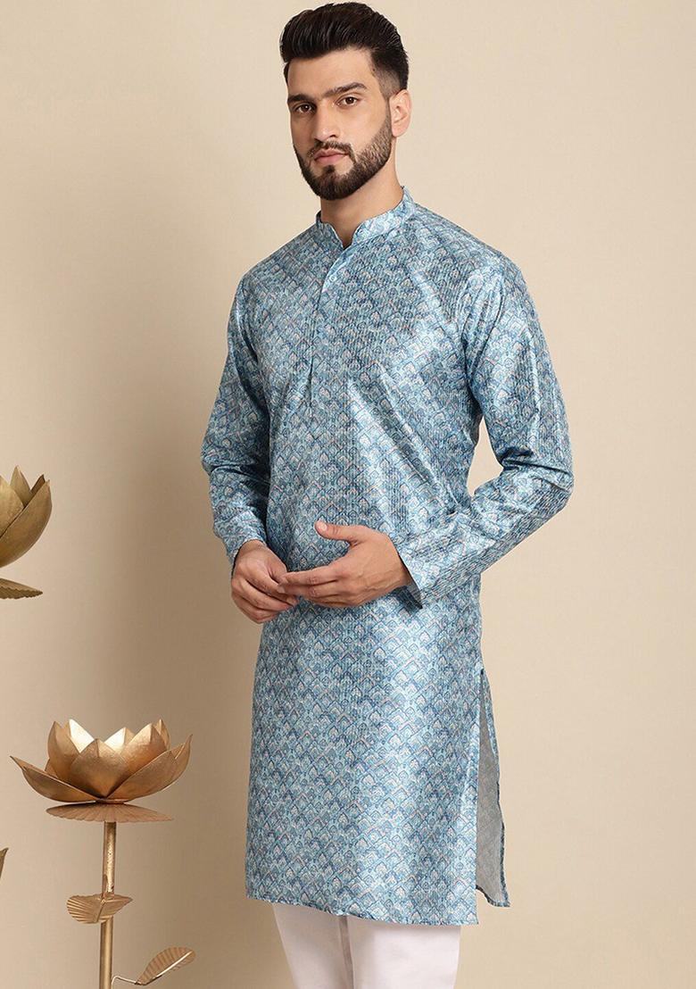 Blue Woven Design Jacquard Kurta For Men - Indya