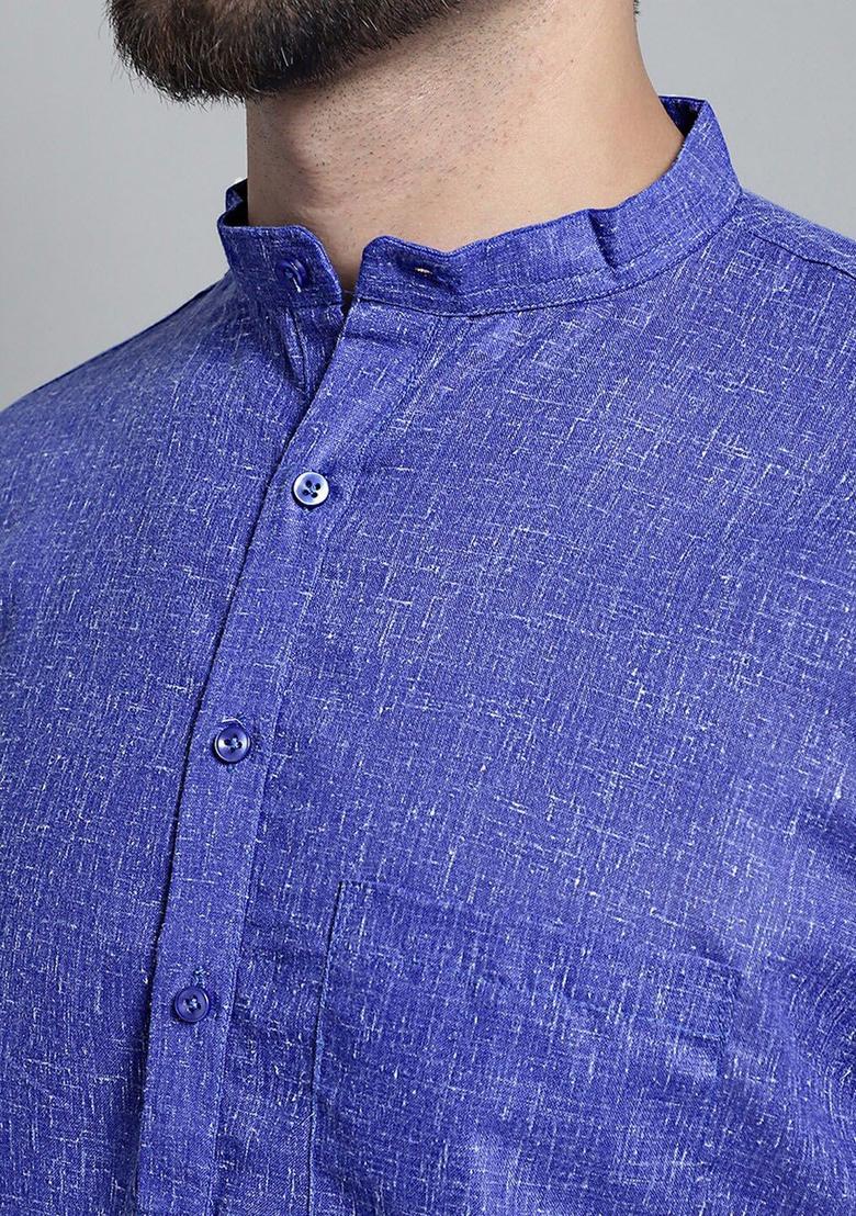 Blue Solid Cotton Kurta For Men - Indya